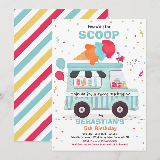 Invitation Crème de glace Anniversaire Fête Glace Truck Anniv (Devant / Derrière)