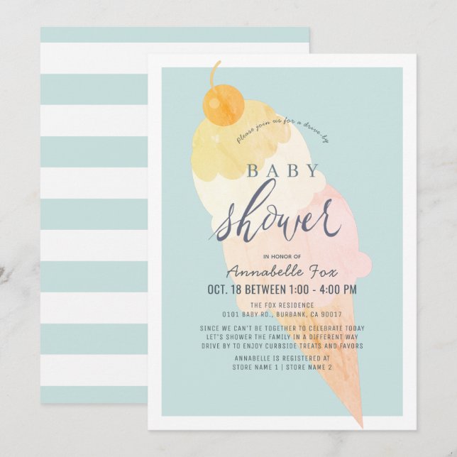 Invitation Crème de glace Bleu clair garçon Baby shower Drive (Devant / Derrière)