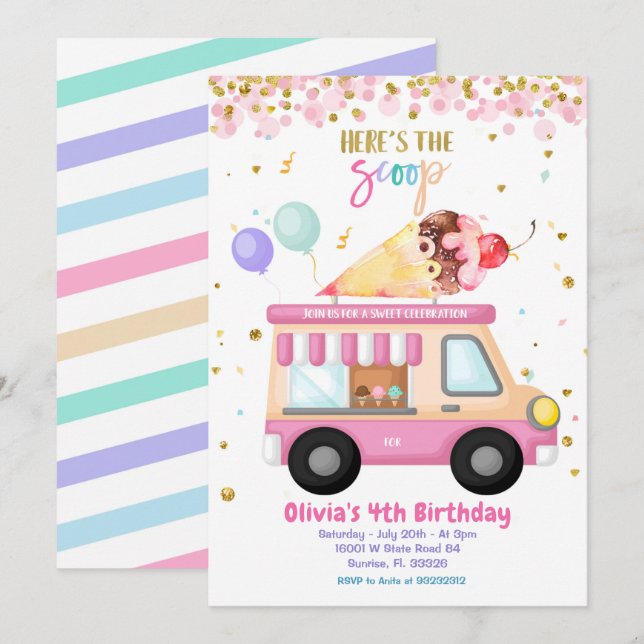 Invitation Crème de glace Camion rose temps doux Anniversaire (Devant / Derrière)