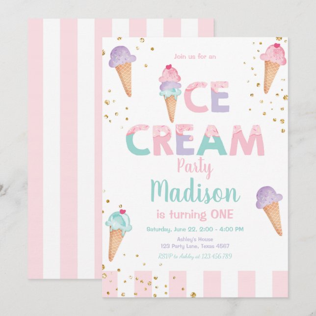 Invitation Crème de glace Cone Confetti Crème de Monnaie rose (Devant / Derrière)