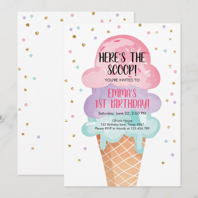 Invitation Crème de glace Cone Confetti Crème de Monnaie rose (Devant / Derrière)