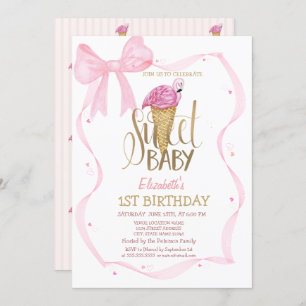 Invitation Crème de glace cool Flamant rose rose Bow rayé Ann