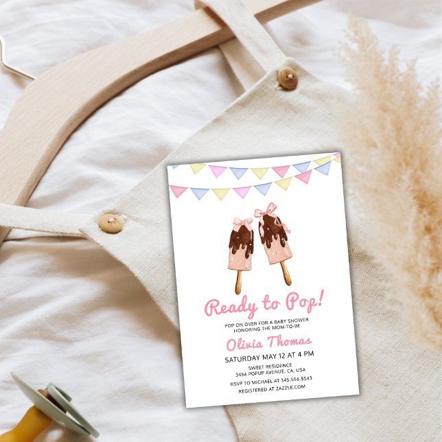 Invitation Crème De Glace De Bow Rose Prêt À Pop Baby shower (Pink Bow Ice Cream Ready To Pop Baby Shower Invitation)