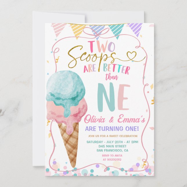 Invitation Crème de glace de fond Deux Scoops Twin Girls Anni (Devant)