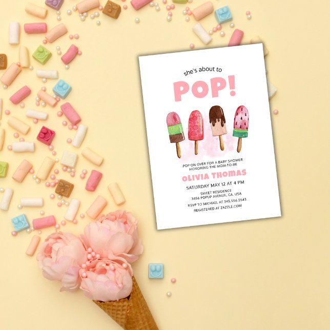 Invitation Crème De Glace Douce Rose Prêt À Pop Baby shower (Pink Sweet Ice Cream Ready To Pop Baby Shower Invitation)