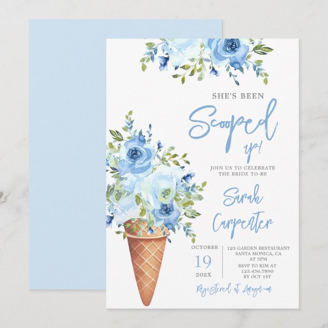 Invitation Crème de glace Fête des mariées florale bleu (Devant / Derrière)