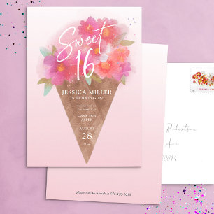 Invitation Crème de glace florale Cone sucré 16 Anniversaire