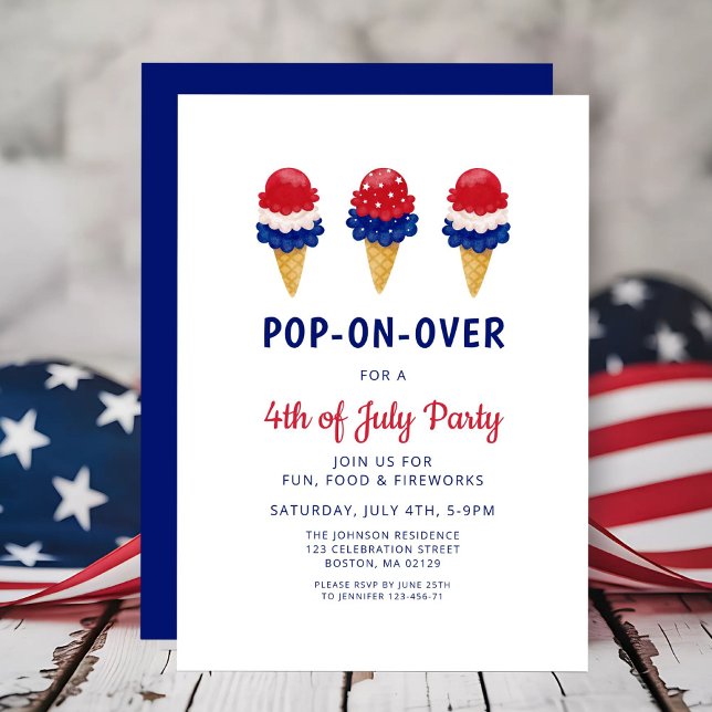 Invitation Crème De Glace Mignonne Rouge, Blanc Et Bleu 4 jui (Cute Ice Cream Red, White And Blue 4th of July Invitation)