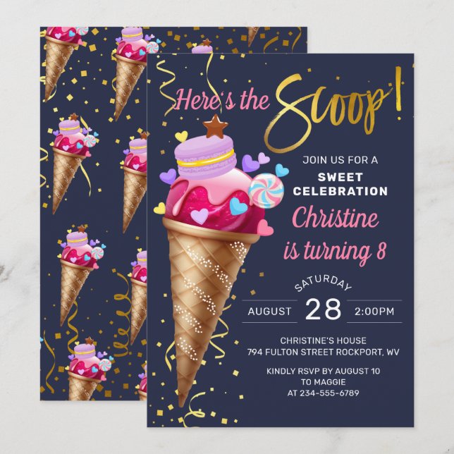 Invitation Crème de glace rose douce Anniversaire Nave Bleu (Devant / Derrière)