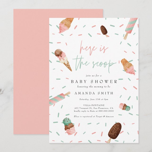 Invitation Crème de glace saupoudrer rose Baby shower d'été f (Devant / Derrière)