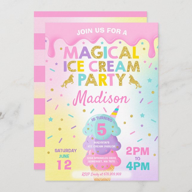 Invitation Crème de glace Unicorn Ice Cream Party (Devant / Derrière)
