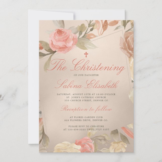 Invitation Crème de Pêche Or de luxe Christening Floral (Devant)
