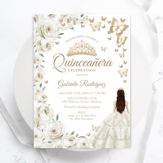 Invitation Crème d'ivoire Aquarelle blanche Quinceanera flora (Créateur téléchargé)