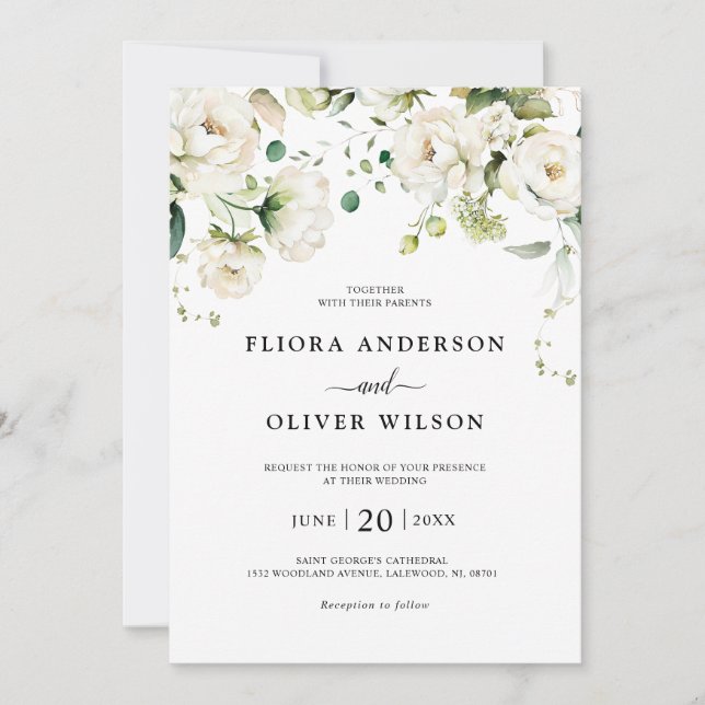 Invitation Crème d'ivoire blanc Rose Floral Botanique Mariage (Devant)