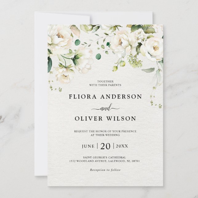 Invitation Crème d'ivoire blanc Rose Floral Mariage botanique (Devant)