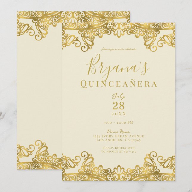 Invitation Crème d'ivoire dentelle d'or Elegant Quinceañera P (Devant / Derrière)