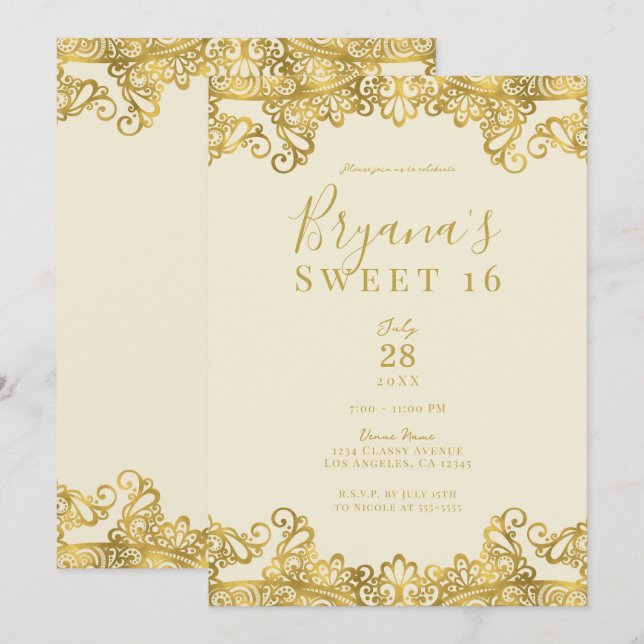 Invitation Crème d'ivoire & dentelle d'or Élégant Sweet 16 Pa (Devant / Derrière)