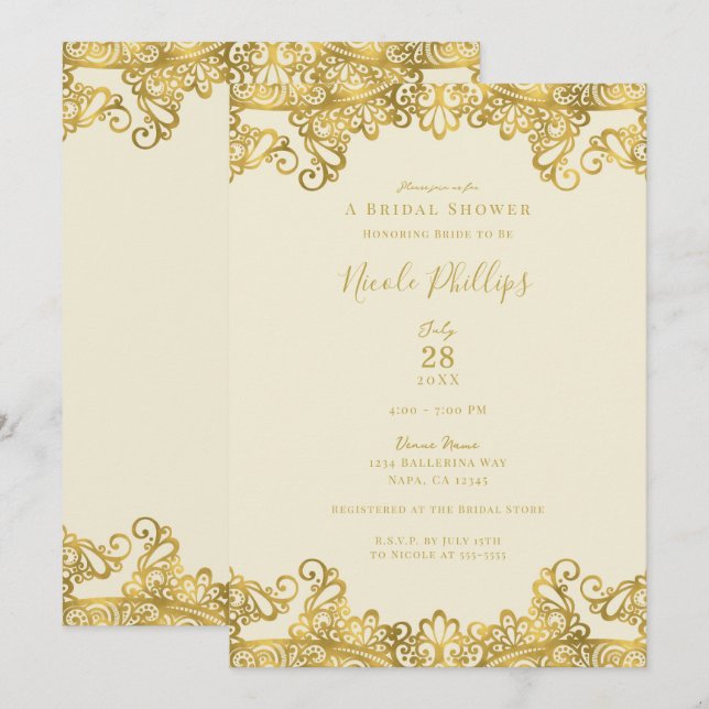 Invitation Crème d'ivoire et dentelle d'or Fête des mariées é (Devant / Derrière)