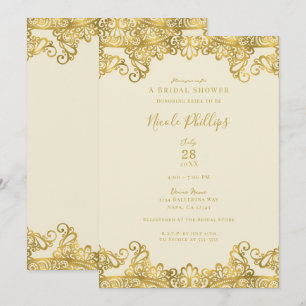 Invitation Crème d'Ivoire et Dentelle Dorée Élégante Fête de