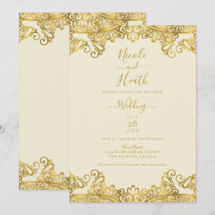 Invitation Crème d'Ivoire et Dentelle Dorée Mariage Élégant