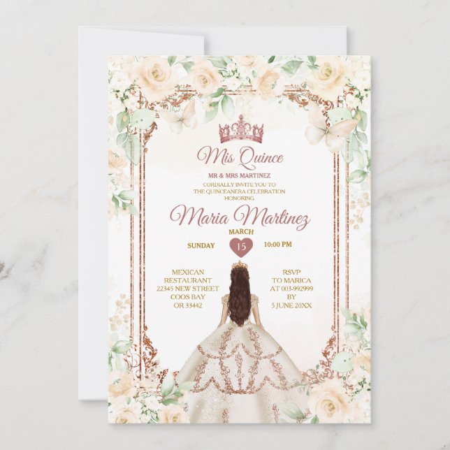 Invitation Crème d'ivoire et or de cuivre Princesse Quiñceane (Devant)
