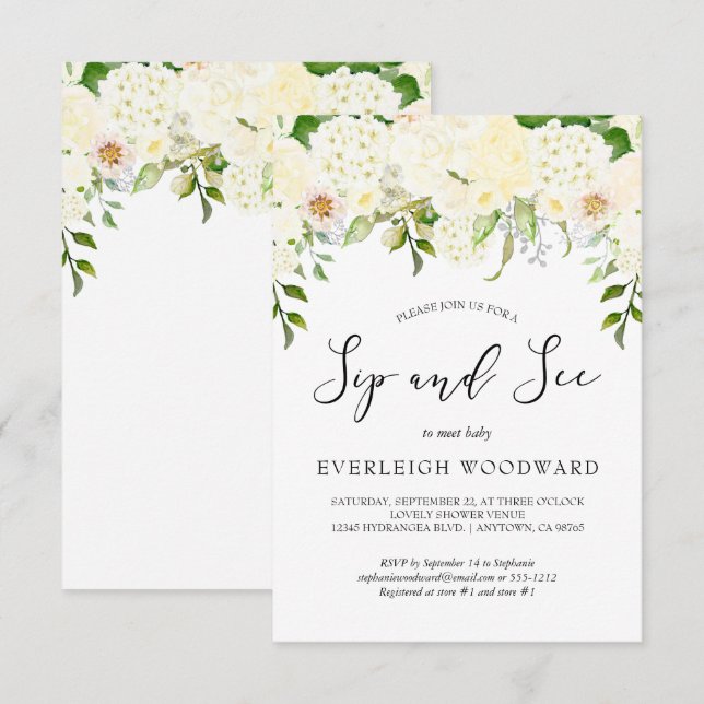 Invitation Crème d'ivoire Flore verdure Sip et voir bébé (Devant / Derrière)