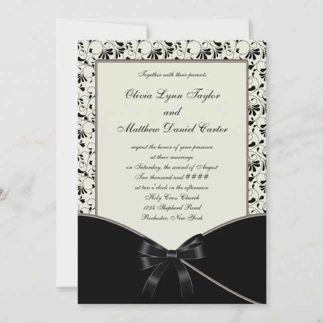 Invitation Crème d'ivoire noire Mariage damassé (Devant)