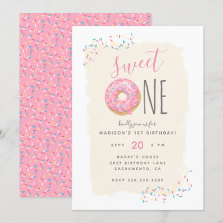 Invitation Crème | Doughnut rose saupoudrer doux 1er annivers