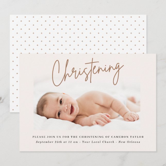 Invitation Crème Dusty Script manuscrit Christening Photo (Devant / Derrière)