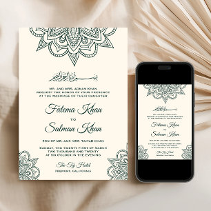 Invitation Crème Émeraude Henna Mehndi Mariage Islamique Musu
