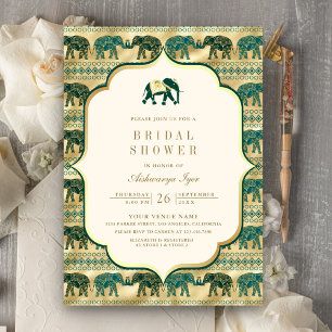 Invitation Crème Émeraude Or Éléphant Fête de Mariage Indienn