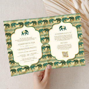 Invitation Crème Émeraude Vert Or Éléphant Mariage Indien