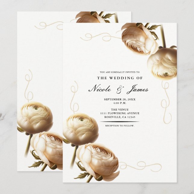 Invitation Crème et blanc Ranunculus Mariage floral (Devant / Derrière)