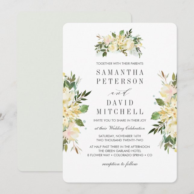Invitation Crème et gris | Botanique Chic Floral Mariage (Devant / Derrière)