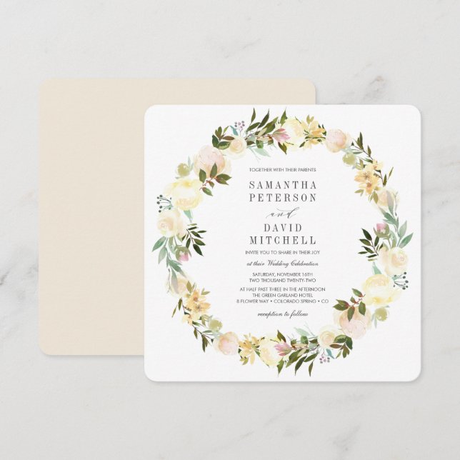 Invitation Crème et ivoire | Botanique Garland Mariage floral (Devant / Derrière)