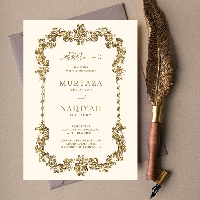 Invitation Crème et or Antique Cadre doré Mariage musulman (Créateur téléchargé)