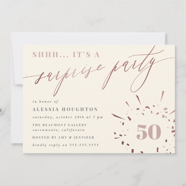 Invitation Crème et Rose Gold Script Surprise Party (Devant)