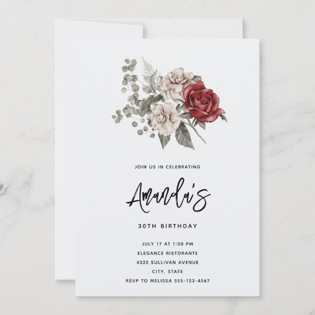 Invitation Crème et Rose rouge Boho Bouquet floral Anniversai (Devant)