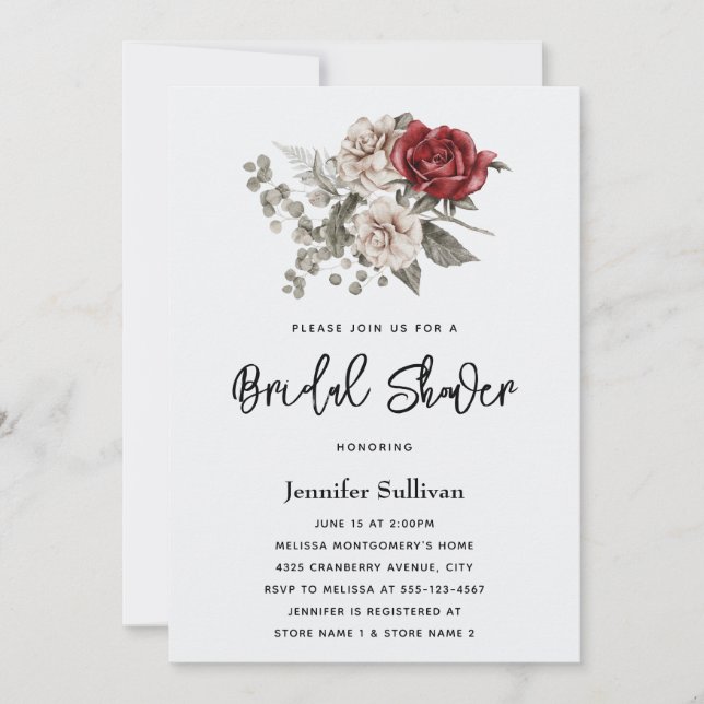 Invitation Crème et Rose rouge Boho Floral Bouquet Fête des m (Devant)