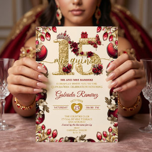 Invitation Crème et Rouge Couronne Dorée Mis Quince 15 Quince