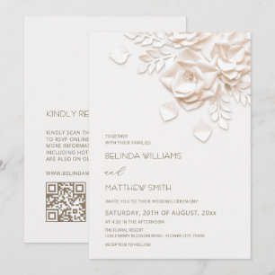 Invitation Crème Fleurs 3D Roses Simple Mariage