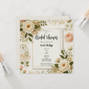 Invitation Crème Floral Carré Minimal Élégant Baby Shower de