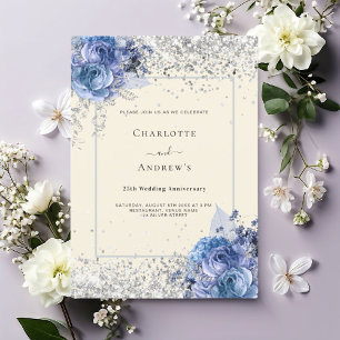 Invitation Crème florale bleu argent 25e anniversaire mariage
