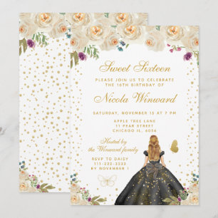 Invitation Crème Florale Blonde Cheveux Princesse Sweet Seize