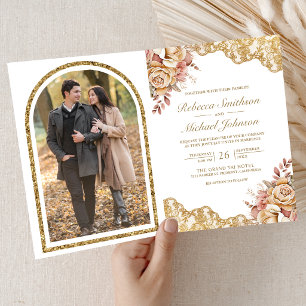 Invitation Crème Florale Or Broderie QR Code Photo Mariage