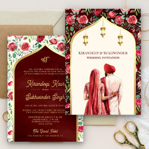 Invitation Crème Florale Rouge Or Anand Karaj Sikh Mariage