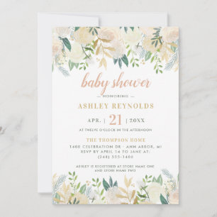 Invitation Crème floue Or Floral Verdure Baby shower fille