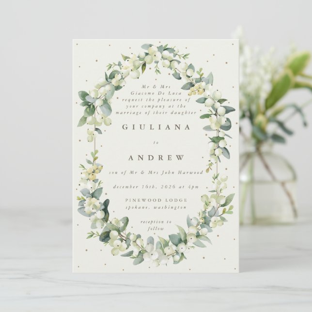 Invitation Crème formelle Snowberry+Eucalyptus Mariage d'hive (Debout devant)