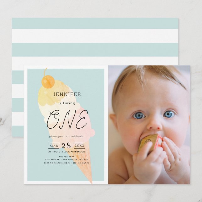 Invitation Crème glacée Bleu clair 1er anniversaire (Devant / Derrière)