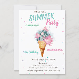 Invitation Crème glacée Cactus Fleurs été Anniversaire